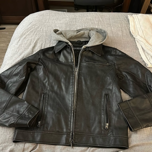 Men's black, leather guess jacket size small with zip in hoodie